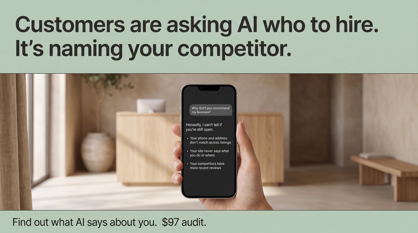 Graphic headed "Customers are asking AI who to hire. It's naming your competitor." A hand holds a phone. Someone has asked "Why don't you recommend my business?" and the AI replies "Honestly, I can't tell if you're still open," then lists three reasons: your phone and address don't match across listings, your site never says what you do or where, and your competitors have more recent reviews. Footer: "Find out what AI says about you. $97 audit."
