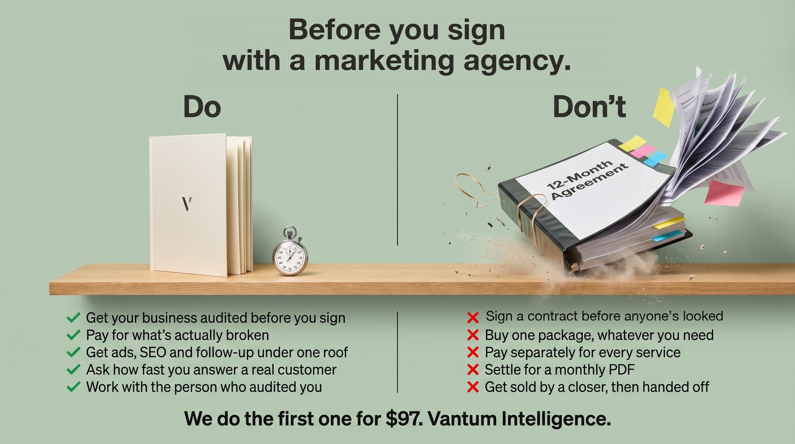 Before you sign with a marketing agency. Do, shown as a book with a V logo and a stopwatch standing on a shelf: get your business audited before you sign; pay for what's actually broken; get ads, SEO and follow-up under one roof; ask how fast you answer a real customer; work with the person who audited you. Don't, shown as a binder labeled 12-Month Agreement bursting off the shelf: sign a contract before anyone's looked; buy one package, whatever you need; pay separately for every service; settle for a monthly PDF; get sold by a closer, then handed off. We do the first one for $97. Vantum Intelligence.